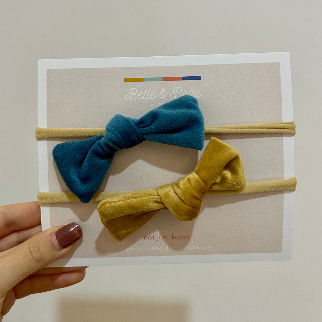 Handtied Blue & Gold Velvet Bow Headband Set HB13