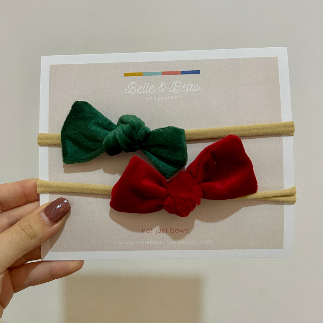 Handtied Red & Green Velvet Bow Headband Set HB14