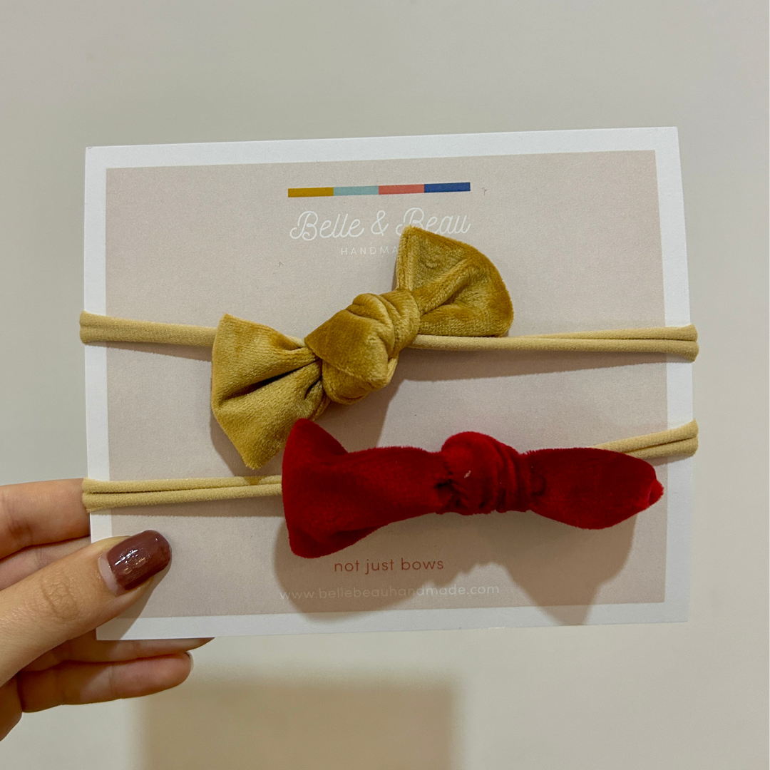 Handtied Gold & Red Velvet Bow Headband Set HB09