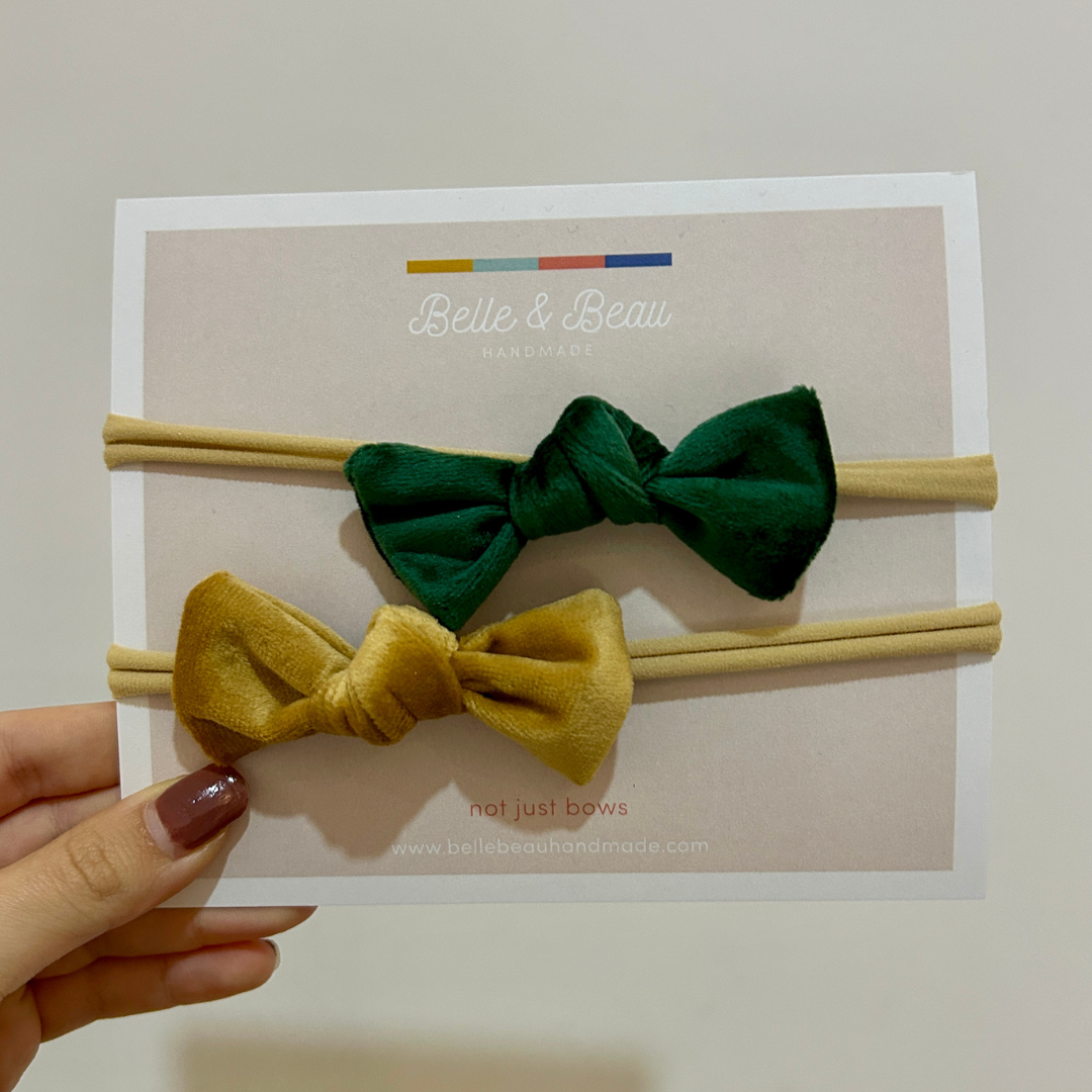 Handtied Green & Gold Velvet Bow Headband Set HB07