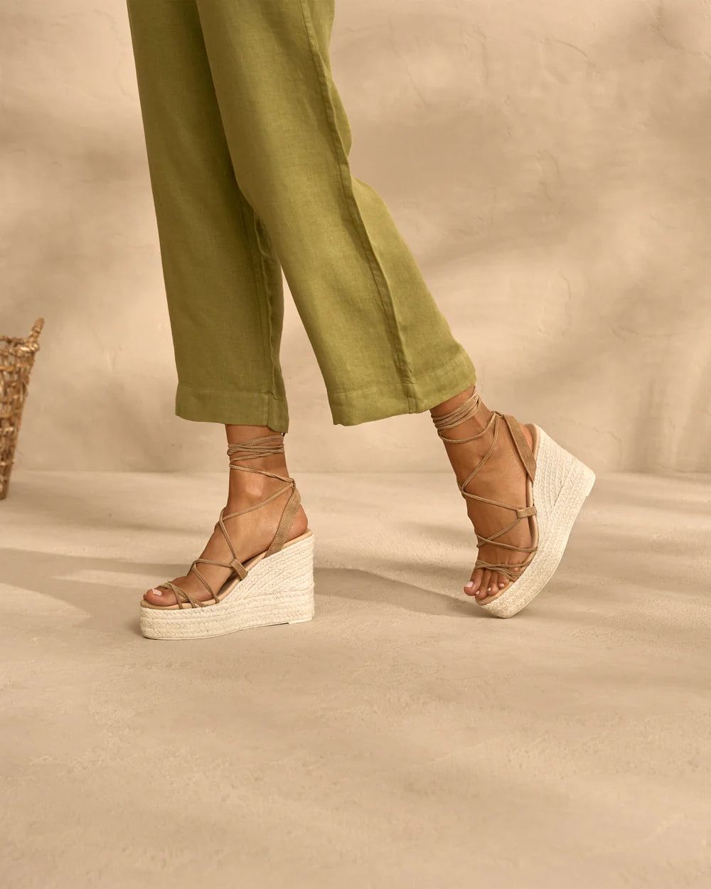 Soft Suede Wedge Espadrilles Lace-Up Champagne Beige