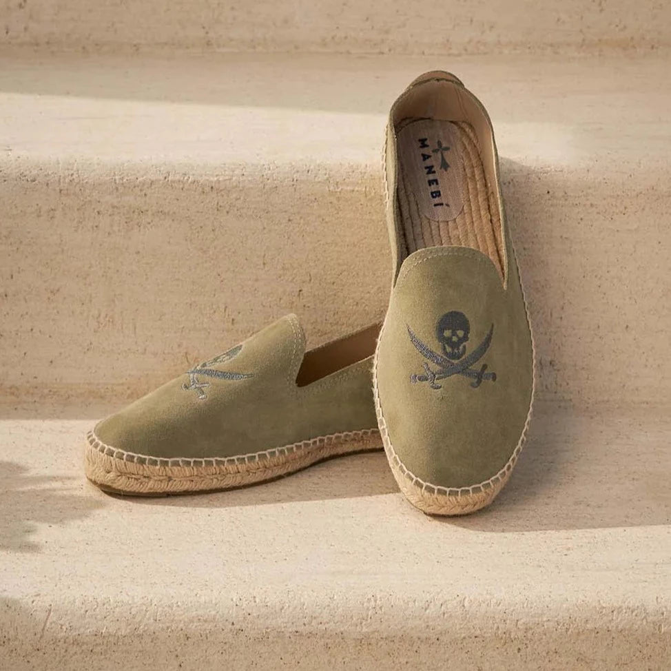 Suede Flat Espadrilles military green & carbon skull