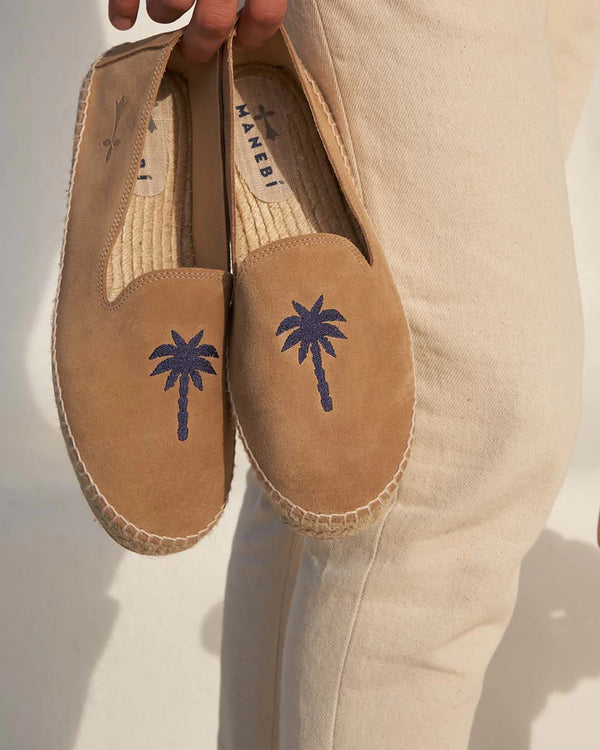 Suede Flat Espadrilles Washed Beige & Blue Palm