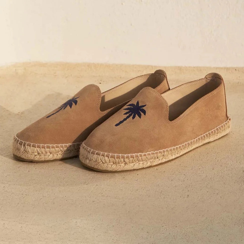 Suede Flat Espadrilles Washed Beige & Blue Palm