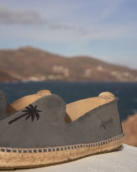 Suede Flat Espadrilles Carbon Grey & Black Palm