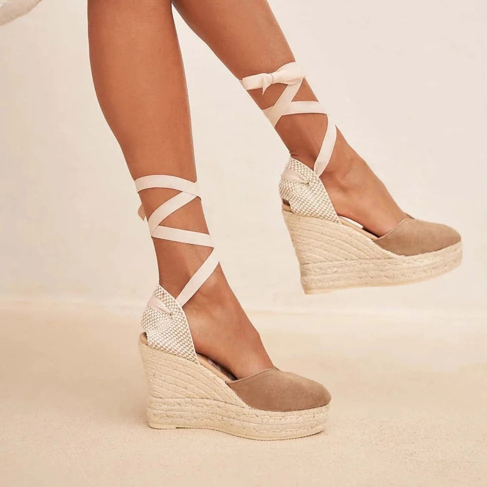 Soft Suede Heart-Shaped Wedge Espadrilles Hamptons Vintage Taupe