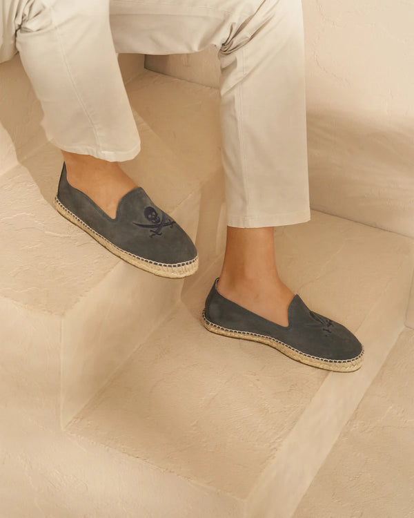 Suede Flat Espadrilles Carbon Grey & On Tone Skull