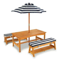 Outdoor Table & Bench Set with Cushions & Umbrella - Navy & White Stripes 106