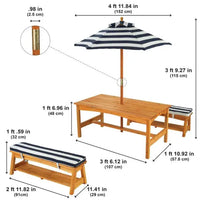 Outdoor Table & Bench Set with Cushions & Umbrella - Navy & White Stripes 106