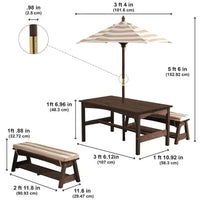 Outdoor Table & Bench Set with Cushions & Umbrella - Oatmeal & White Stripes 500