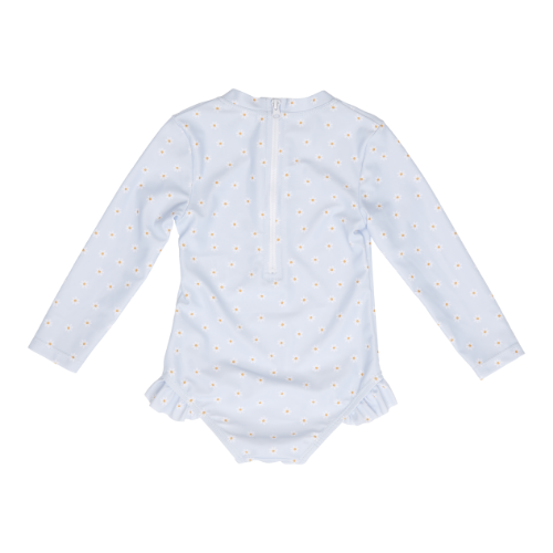 Bathsuit Long Sleeves Ruffles Daisies Blue