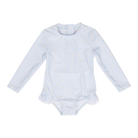 Bathsuit Long Sleeves Ruffles Daisies Blue