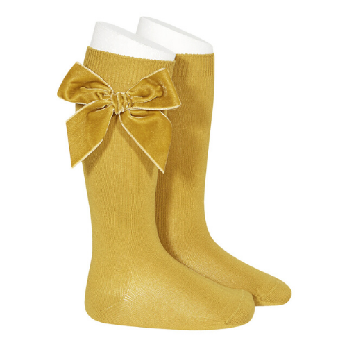 Side Velvet Bow Knee-High Socks - Curry